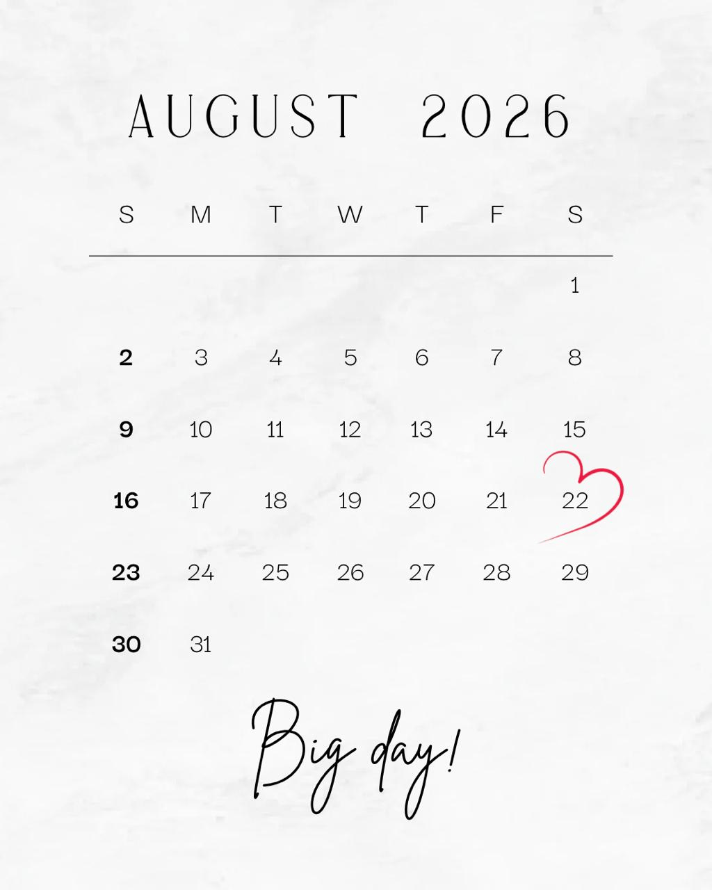 August 2026 calendar - Big day August 22